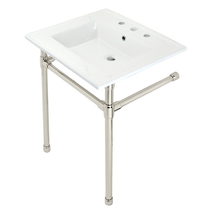 Kingston Tulare KVPB25227W86 - Dreyfuss 25-Inch Ceramic Console Sink with Stainless Steel Legs (8-Inch, 3-Hole), White/Polished Nickel