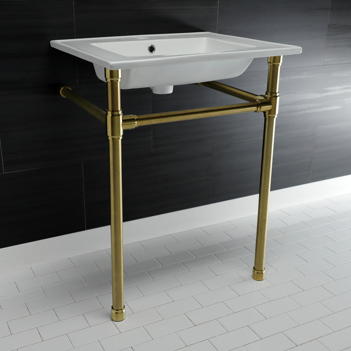 Kingston Tulare KVPB25227W87 - Dreyfuss 25-Inch Ceramic Console Sink with Stainless Steel Legs (8-Inch, 3-Hole), White/Brushed Brass