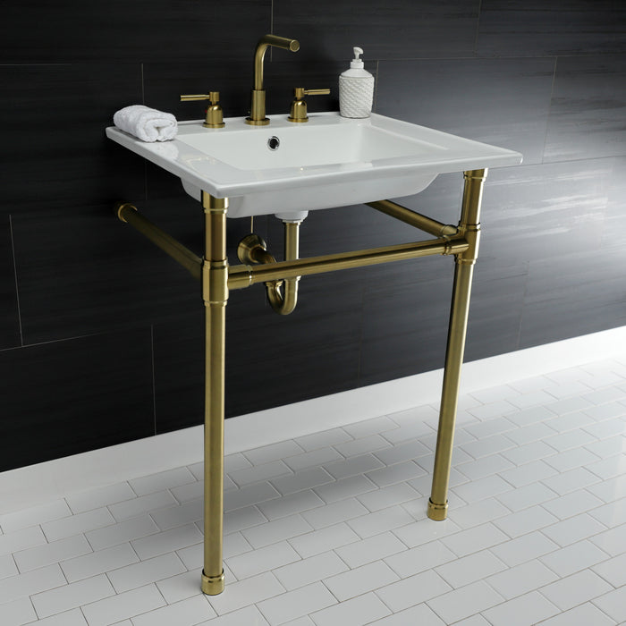 Kingston Tulare KVPB25227W87 - Dreyfuss 25-Inch Ceramic Console Sink with Stainless Steel Legs (8-Inch, 3-Hole), White/Brushed Brass