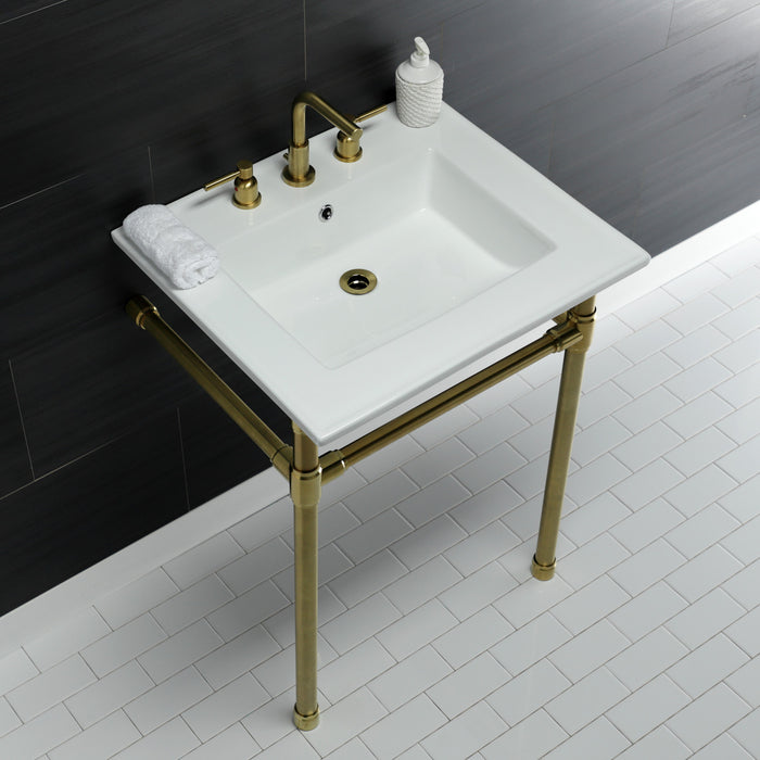 Kingston Tulare KVPB25227W87 - Dreyfuss 25-Inch Ceramic Console Sink with Stainless Steel Legs (8-Inch, 3-Hole), White/Brushed Brass