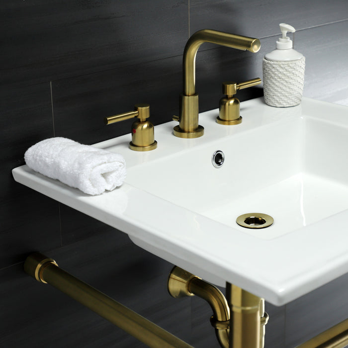 Kingston Tulare KVPB25227W87 - Dreyfuss 25-Inch Ceramic Console Sink with Stainless Steel Legs (8-Inch, 3-Hole), White/Brushed Brass