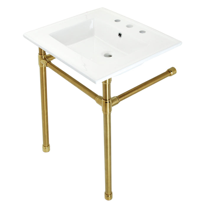 Kingston Tulare KVPB25227W87 - Dreyfuss 25-Inch Ceramic Console Sink with Stainless Steel Legs (8-Inch, 3-Hole), White/Brushed Brass