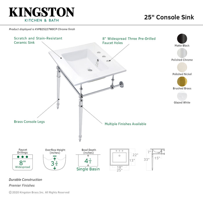 Kingston Heirloom KVPB25227W8BB - Edwardian 25-Inch Ceramic Console Sink with Brass Legs (8-Inch, 3-Hole), White/Brushed Brass