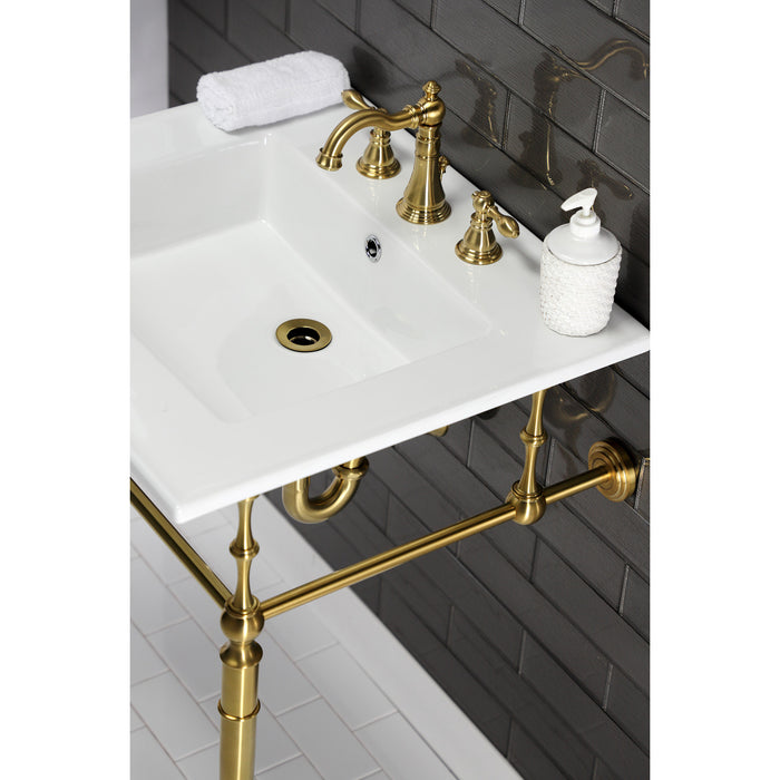 Kingston Heirloom KVPB25227W8BB - Edwardian 25-Inch Ceramic Console Sink with Brass Legs (8-Inch, 3-Hole), White/Brushed Brass