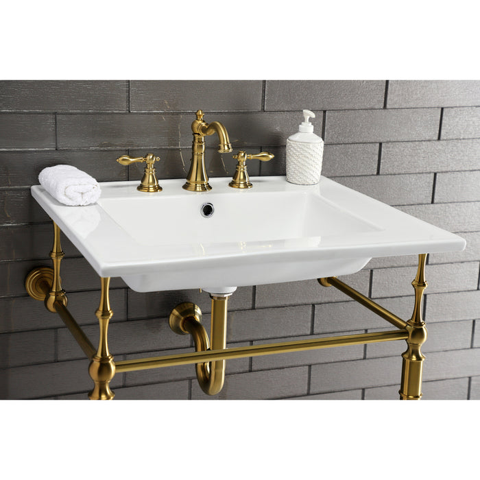 Kingston Heirloom KVPB25227W8BB - Edwardian 25-Inch Ceramic Console Sink with Brass Legs (8-Inch, 3-Hole), White/Brushed Brass