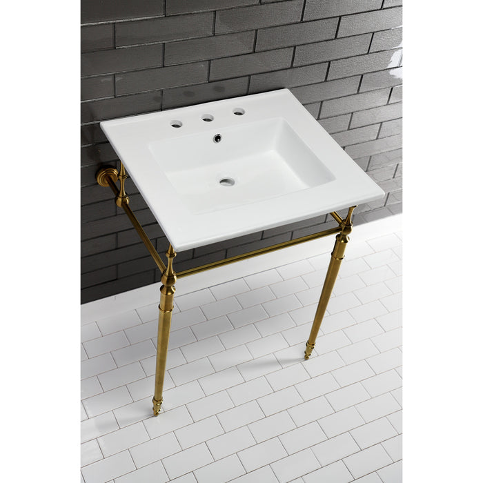 Kingston Heirloom KVPB25227W8BB - Edwardian 25-Inch Ceramic Console Sink with Brass Legs (8-Inch, 3-Hole), White/Brushed Brass