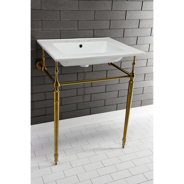 Kingston Heirloom KVPB25227W8BB - Edwardian 25-Inch Ceramic Console Sink with Brass Legs (8-Inch, 3-Hole), White/Brushed Brass