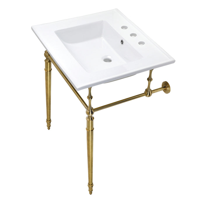 Kingston Heirloom KVPB25227W8BB - Edwardian 25-Inch Ceramic Console Sink with Brass Legs (8-Inch, 3-Hole), White/Brushed Brass