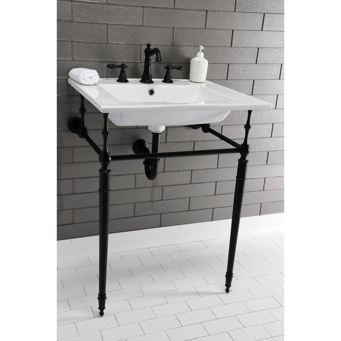Kingston Heirloom KVPB25227W8MB - Edwardian 25-Inch Ceramic Console Sink with Brass Legs (8-Inch, 3-Hole), White/Matte Black