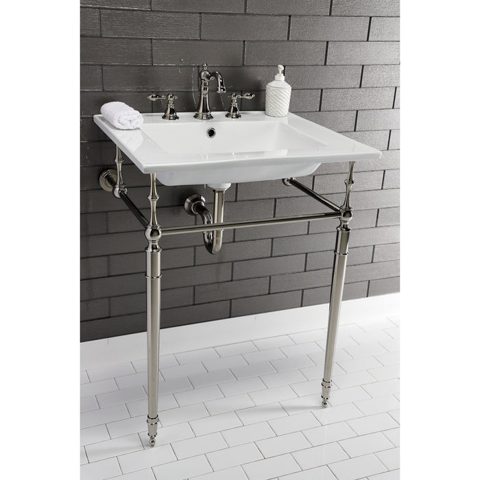 Kingston Heirloom KVPB25227W8PN - Edwardian 25-Inch Ceramic Console Sink with Brass Legs (8-Inch, 3-Hole), White/Polished Nickel