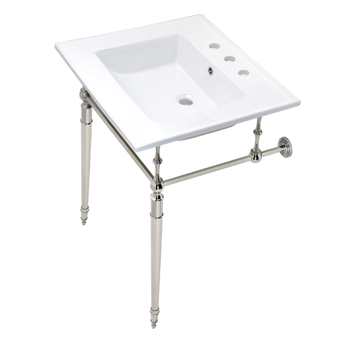 Kingston Heirloom KVPB25227W8PN - Edwardian 25-Inch Ceramic Console Sink with Brass Legs (8-Inch, 3-Hole), White/Polished Nickel