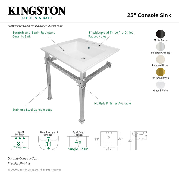Kingston Sona KVPB25228Q1 - Monarch 25-Inch Ceramic Console Sink with Stainless Steel Legs (8-Inch, 3-Hole), White/Polished Chrome