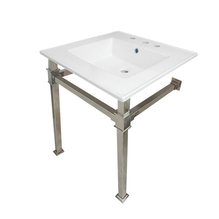 Kingston Sona KVPB25228Q6 - Monarch 25-Inch Ceramic Console Sink with Stainless Steel Legs (8-Inch, 3-Hole), White/Polished Nickel