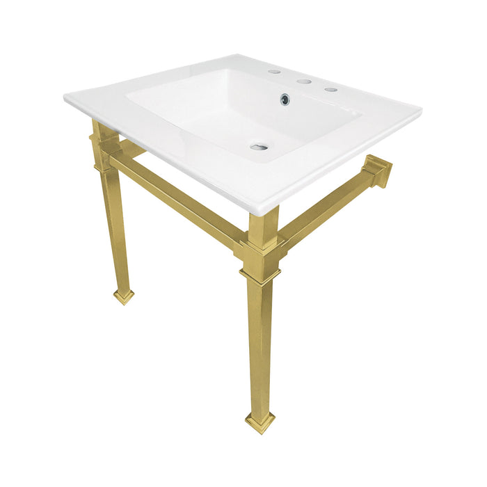 Kingston Sona KVPB25228Q7 - Monarch 25-Inch Ceramic Console Sink with Stainless Steel Legs (8-Inch, 3-Hole), White/Brushed Brass