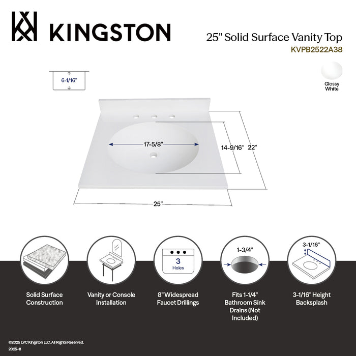 Wimbeldon KVPB2522A38 25-Inch Solid Surface Vanity Top (8" Faucet Drillings), Glossy White