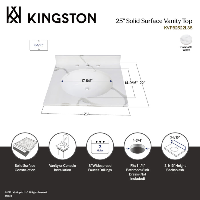 Norbiton KVPB2522L38 25-Inch Solid Surface Vanity Top (8" Faucet Drillings), Calacatta Marble Glossy White