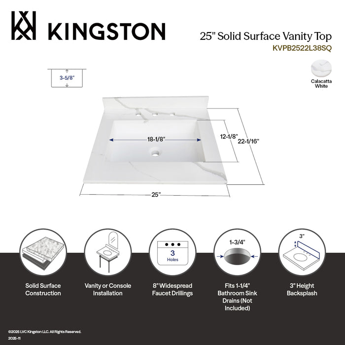 Montesquieu KVPB2522L38SQ 25-Inch Solid Surface Vanity Top (8" Faucet Drillings), Calacatta Marble White/Glossy