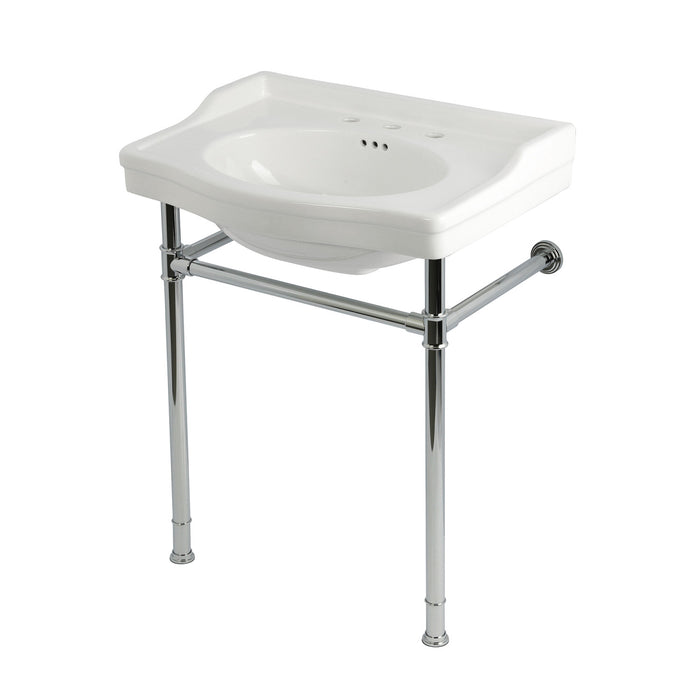 Kingston Heirloom KVPB30229W381 - Victorian 30-Inch Ceramic Console Sink with Stainless Steel Legs (8-Inch, 3-Hole), White/Polished Chrome