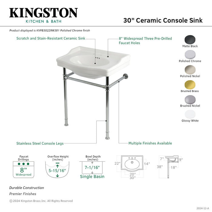 Kingston Heirloom KVPB30229W386 - Victorian 30-Inch Ceramic Console Sink with Stainless Steel Legs (8-Inch, 3-Hole), White/Polished Nickel