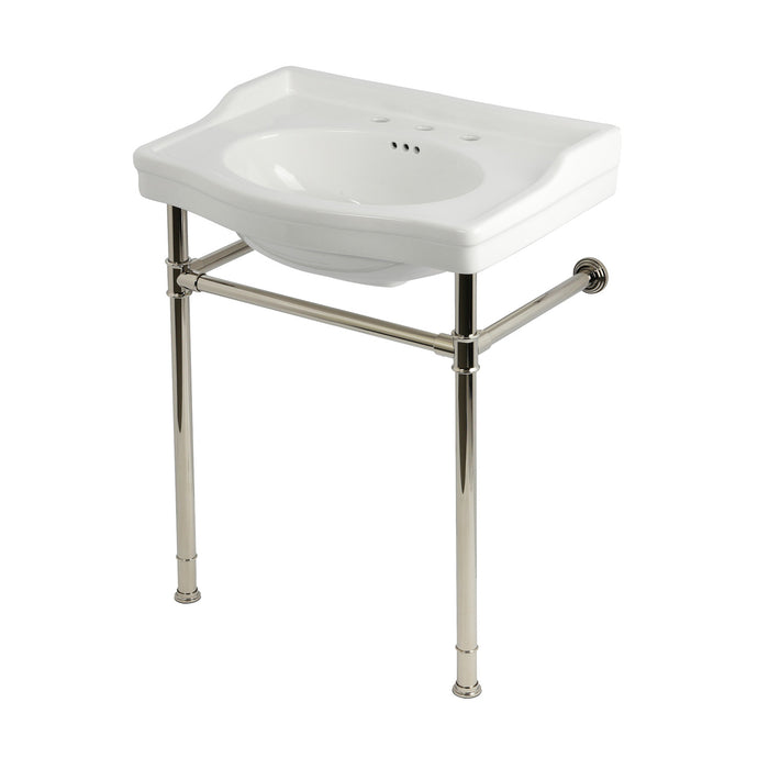 Kingston Heirloom KVPB30229W386 - Victorian 30-Inch Ceramic Console Sink with Stainless Steel Legs (8-Inch, 3-Hole), White/Polished Nickel