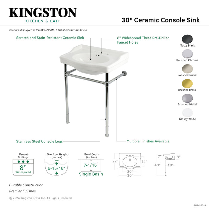 Kingston Heirloom KVPB30229W80 - Victorian 30-Inch Ceramic Console Sink with Stainless Steel Legs (8-Inch, 3-Hole), White/Matte Black