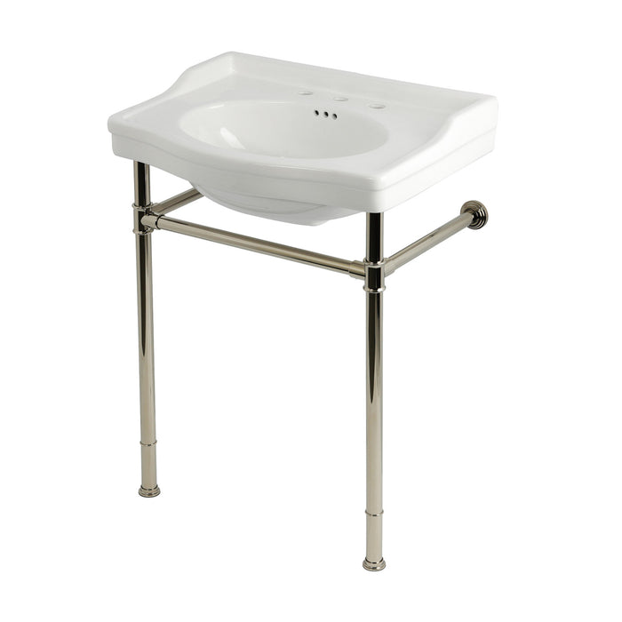 Kingston Heirloom KVPB30229W86 - Victorian 30-Inch Ceramic Console Sink with Stainless Steel Legs (8-Inch, 3-Hole), White/Polished Nickel