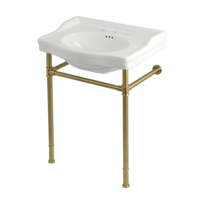 Kingston Heirloom KVPB30229W87 - Victorian 30-Inch Ceramic Console Sink with Stainless Steel Legs (8-Inch, 3-Hole), White/Brushed Brass