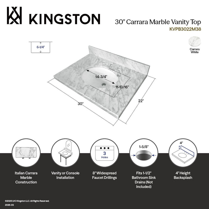 Kingston Tulare KVPB3022M38 - Templeton 30-Inch Carrara Marble Vanity Sink Top (8" Faucet Drillings), Carrara Marble