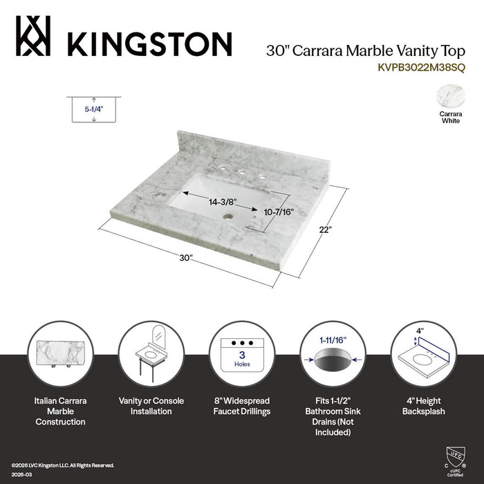 Kingston Tulare KVPB3022M38SQ - Templeton 30-Inch Carrara Marble Vanity Sink Top (8" Faucet Drillings), Carrara Marble