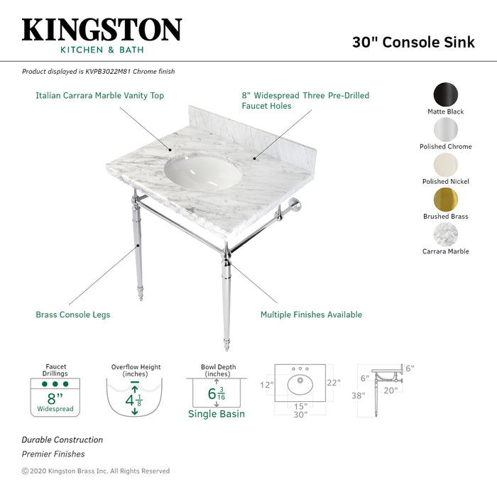 Edwardian KVPB3022M80 30-Inch Carrara Marble Console Sink with Brass Legs (8-Inch, 3-Hole), Carrara Marble White/Matte Black