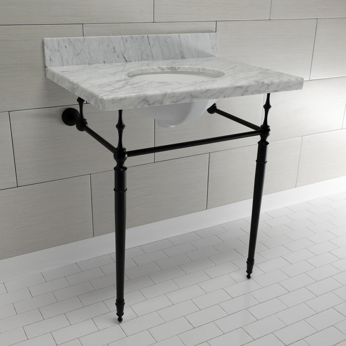 Edwardian KVPB3022M80 30-Inch Carrara Marble Console Sink with Brass Legs (8-Inch, 3-Hole), Carrara Marble White/Matte Black