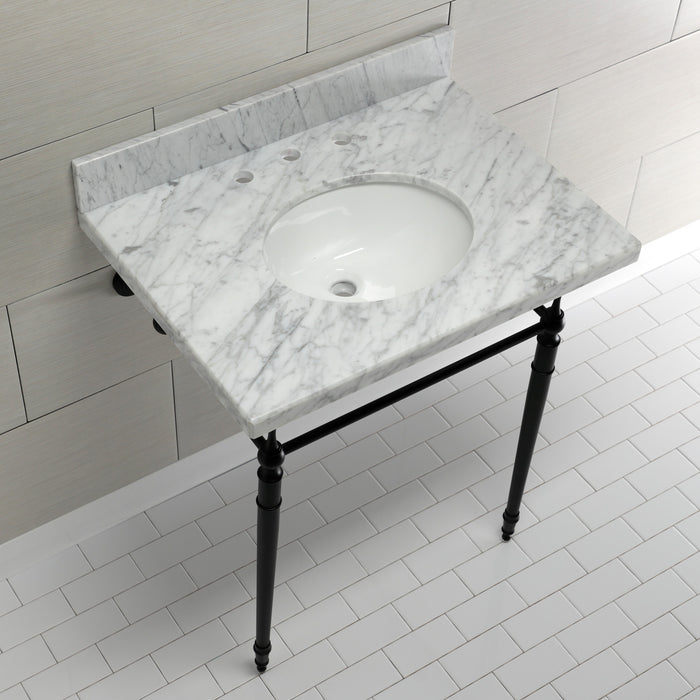 Edwardian KVPB3022M80 30-Inch Carrara Marble Console Sink with Brass Legs (8-Inch, 3-Hole), Carrara Marble White/Matte Black