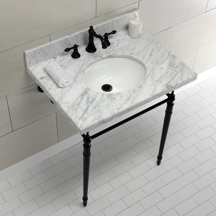 Edwardian KVPB3022M80 30-Inch Carrara Marble Console Sink with Brass Legs (8-Inch, 3-Hole), Carrara Marble White/Matte Black