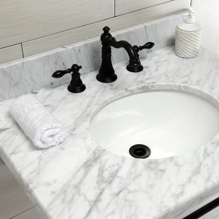 Edwardian KVPB3022M80 30-Inch Carrara Marble Console Sink with Brass Legs (8-Inch, 3-Hole), Carrara Marble White/Matte Black