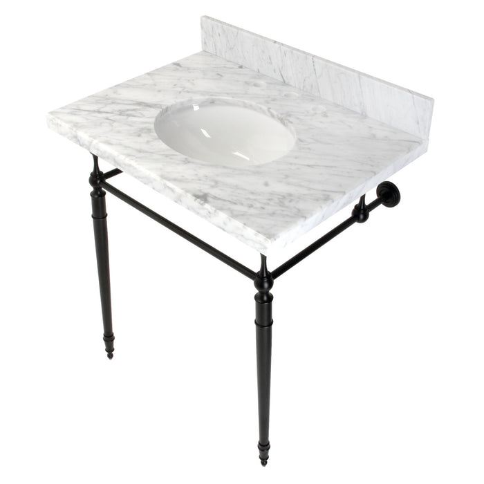Edwardian KVPB3022M80 30-Inch Carrara Marble Console Sink with Brass Legs (8-Inch, 3-Hole), Carrara Marble White/Matte Black