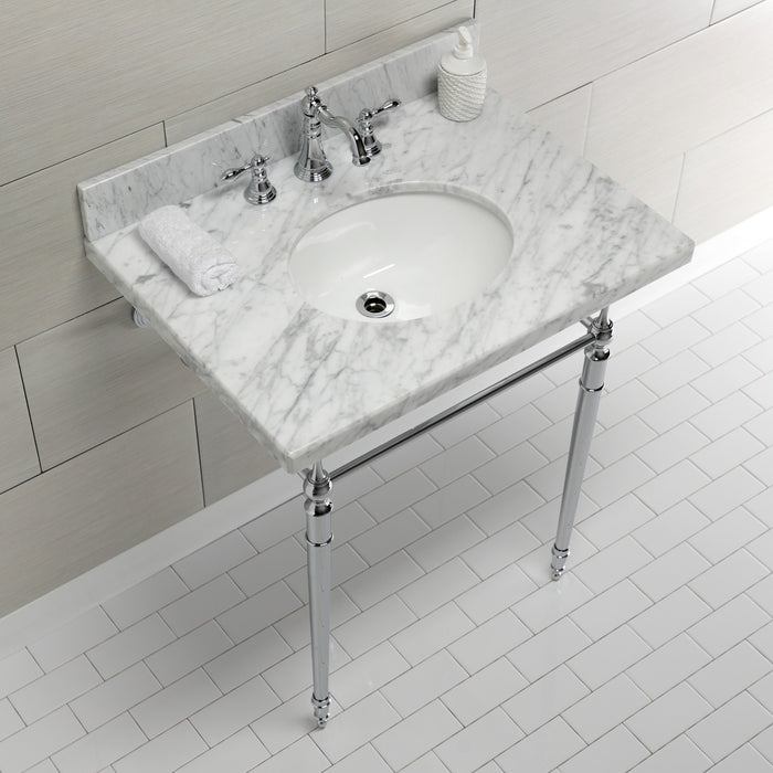 Edwardian KVPB3022M81 30-Inch Carrara Marble Console Sink with Brass Legs (8-Inch, 3-Hole), Carrara Marble White/Polished Chrome