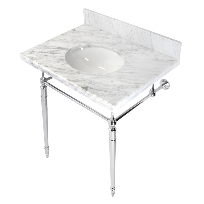 Edwardian KVPB3022M81 30-Inch Carrara Marble Console Sink with Brass Legs (8-Inch, 3-Hole), Carrara Marble White/Polished Chrome