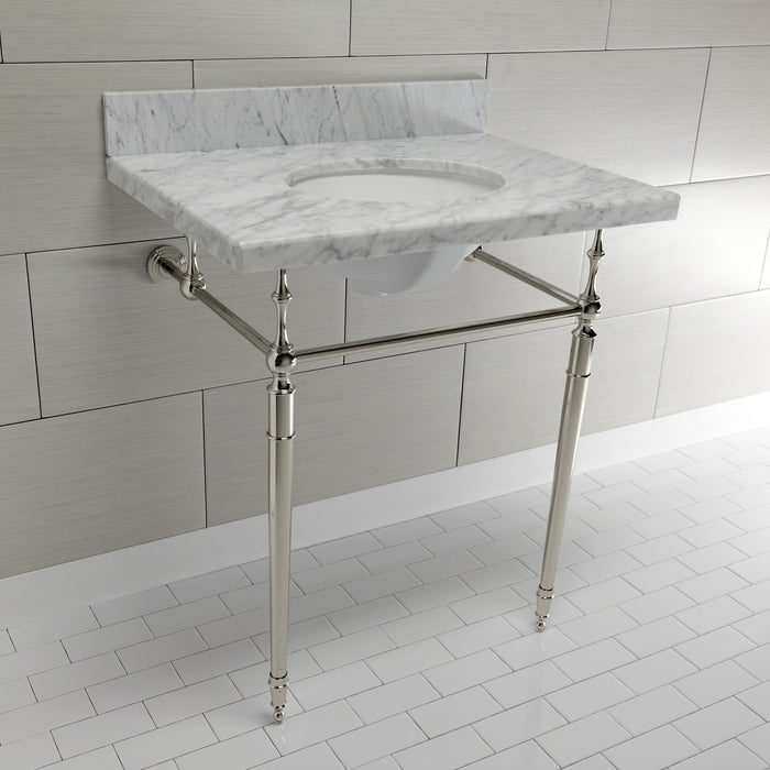 Edwardian KVPB3022M86 30-Inch Carrara Marble Console Sink with Brass Legs (8-Inch, 3-Hole), Carrara Marble White/Polished Nickel