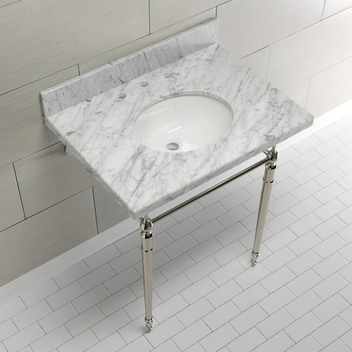 Edwardian KVPB3022M86 30-Inch Carrara Marble Console Sink with Brass Legs (8-Inch, 3-Hole), Carrara Marble White/Polished Nickel