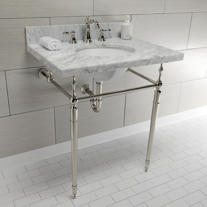 Edwardian KVPB3022M86 30-Inch Carrara Marble Console Sink with Brass Legs (8-Inch, 3-Hole), Carrara Marble White/Polished Nickel