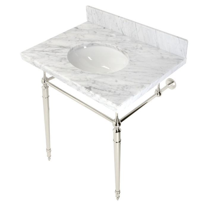 Edwardian KVPB3022M86 30-Inch Carrara Marble Console Sink with Brass Legs (8-Inch, 3-Hole), Carrara Marble White/Polished Nickel
