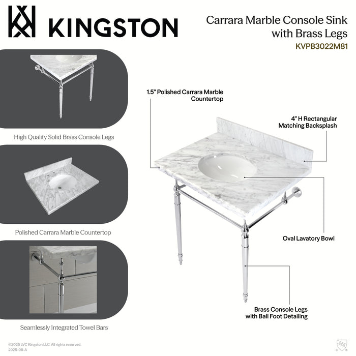 Kingston Heirloom KVPB3022M87 - Edwardian 30-Inch Carrara Marble Console Sink with Brass Legs (8-Inch, 3-Hole), Carrara Marble White/Brushed Brass