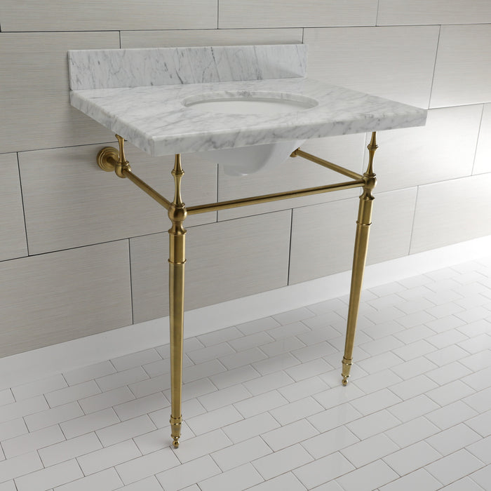 Kingston Heirloom KVPB3022M87 - Edwardian 30-Inch Carrara Marble Console Sink with Brass Legs (8-Inch, 3-Hole), Carrara Marble White/Brushed Brass