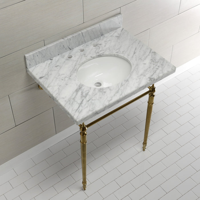 Kingston Heirloom KVPB3022M87 - Edwardian 30-Inch Carrara Marble Console Sink with Brass Legs (8-Inch, 3-Hole), Carrara Marble White/Brushed Brass