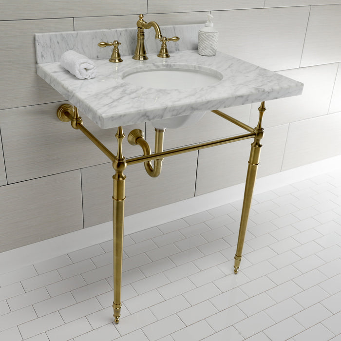 Kingston Heirloom KVPB3022M87 - Edwardian 30-Inch Carrara Marble Console Sink with Brass Legs (8-Inch, 3-Hole), Carrara Marble White/Brushed Brass