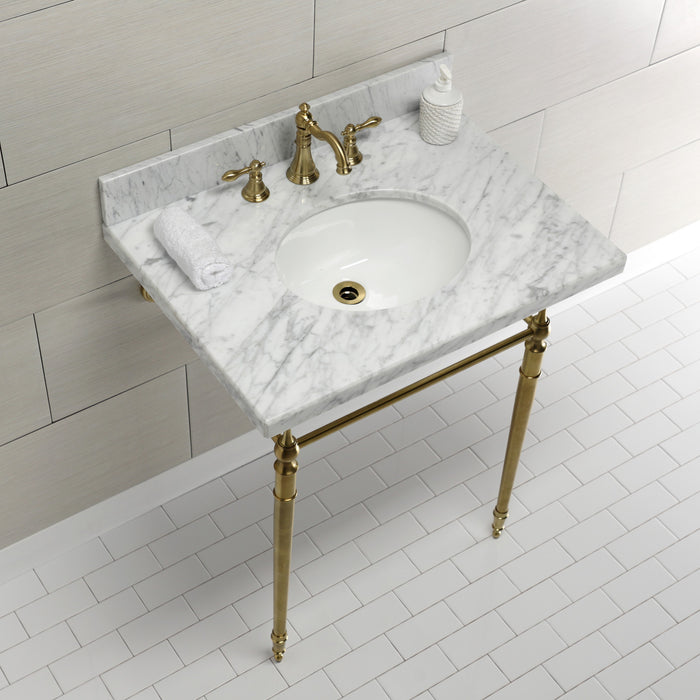 Kingston Heirloom KVPB3022M87 - Edwardian 30-Inch Carrara Marble Console Sink with Brass Legs (8-Inch, 3-Hole), Carrara Marble White/Brushed Brass