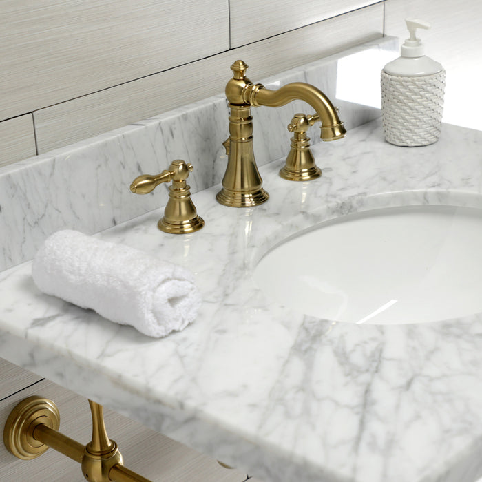 Kingston Heirloom KVPB3022M87 - Edwardian 30-Inch Carrara Marble Console Sink with Brass Legs (8-Inch, 3-Hole), Carrara Marble White/Brushed Brass