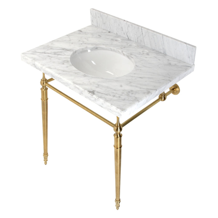 Kingston Heirloom KVPB3022M87 - Edwardian 30-Inch Carrara Marble Console Sink with Brass Legs (8-Inch, 3-Hole), Carrara Marble White/Brushed Brass