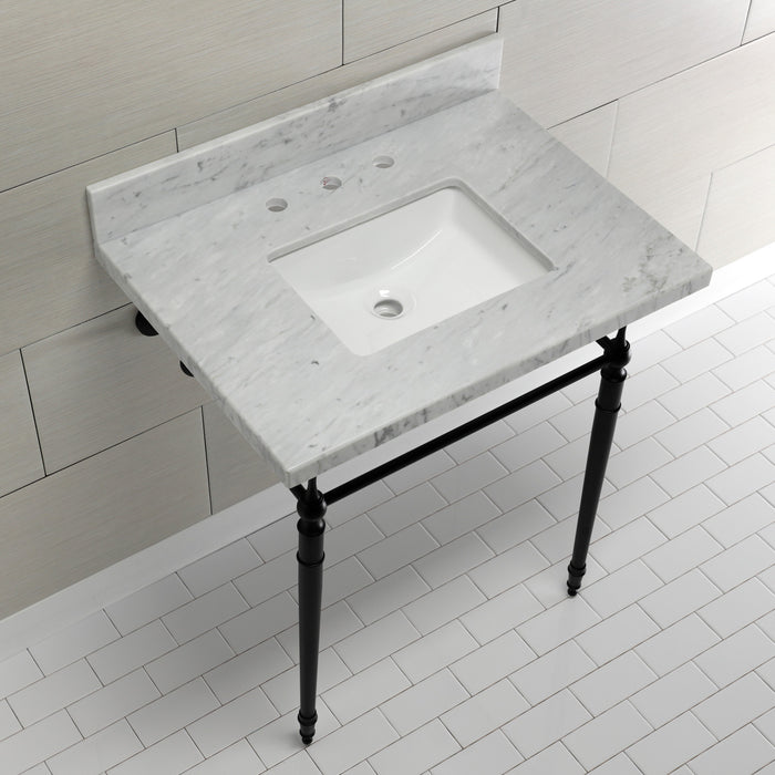 Kingston Heirloom KVPB3022M8SQ0 - Edwardian 30-Inch Carrara Marble Console Sink with Brass Legs (8-Inch, 3-Hole), Carrara Marble White/Matte Black