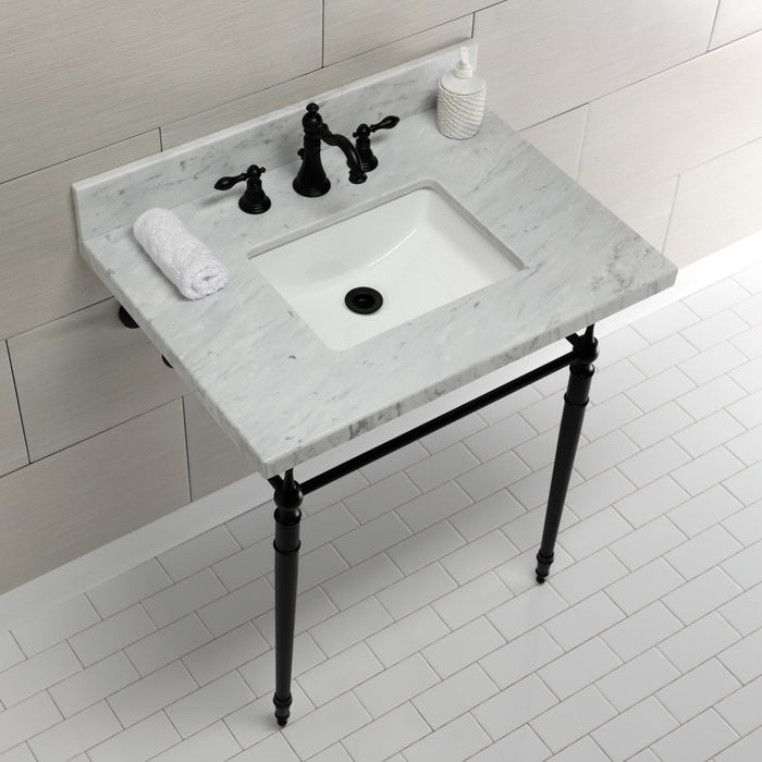 Kingston Heirloom KVPB3022M8SQ0 - Edwardian 30-Inch Carrara Marble Console Sink with Brass Legs (8-Inch, 3-Hole), Carrara Marble White/Matte Black